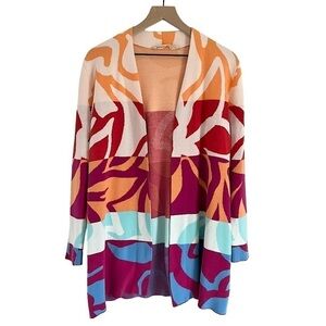 Soft Surroundings Color Burst Cardigan Sweater Bold Floral Orange Blue Size XS